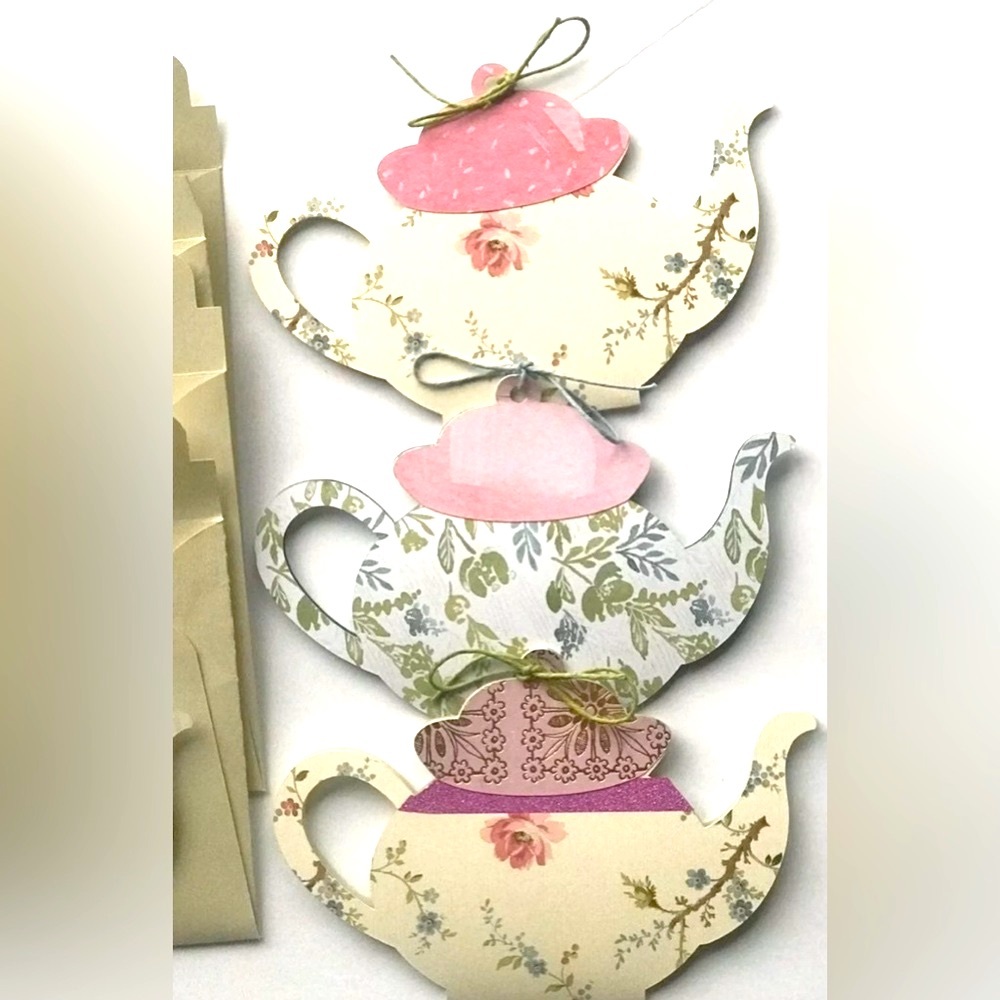 Tea Pot Cards Blue Pink Green Yellow with Envelopes